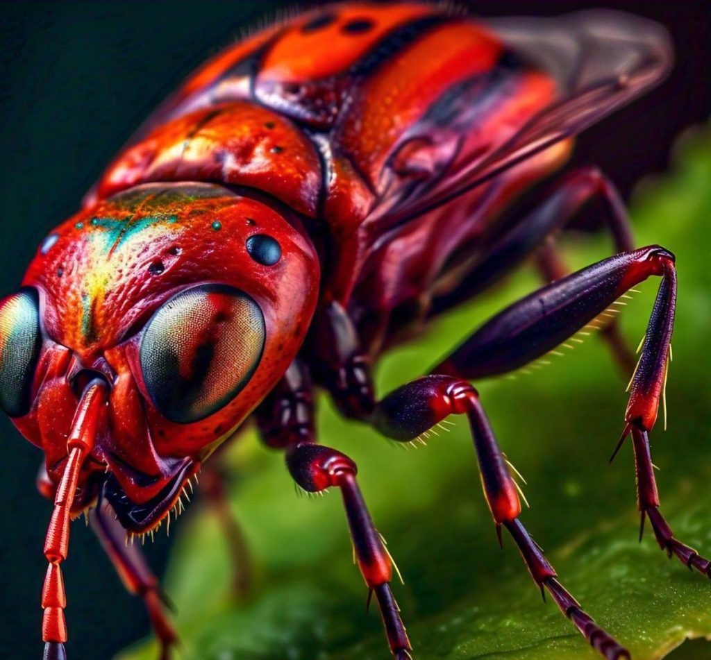 red flying bug with stinger